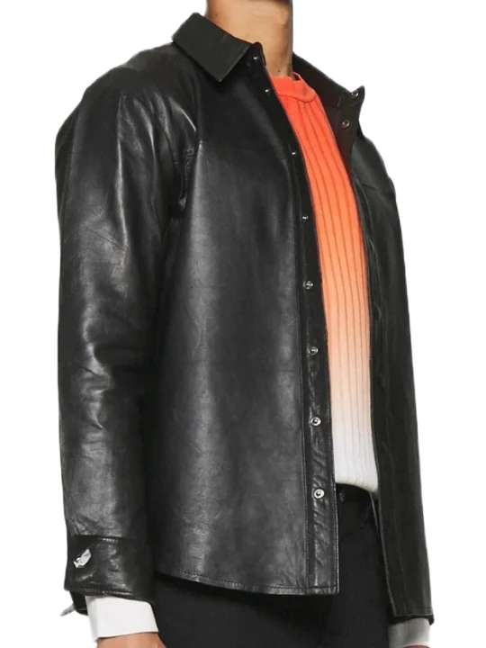 Men Full Sleeve Black Leather Shirt