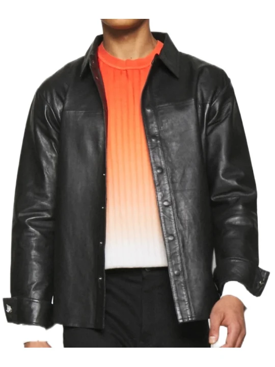 Men Full Sleeve Black Leather Shirt