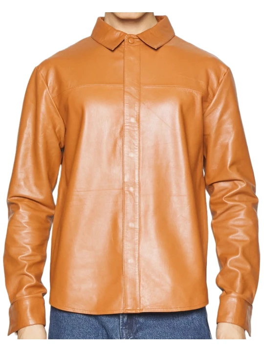 Men Full Sleeve Brown Leather Shirt