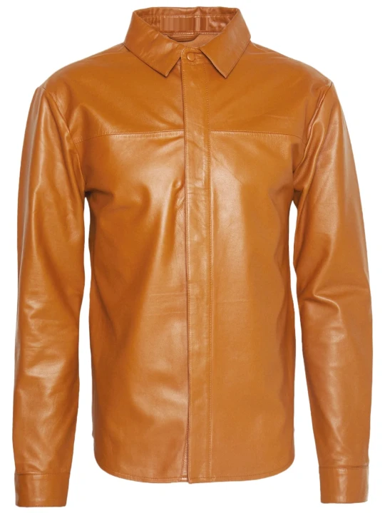 Men Full Sleeve Brown Leather Shirt