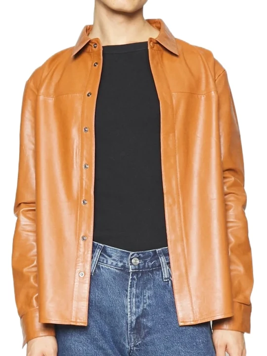Men Full Sleeve Brown Leather Shirt