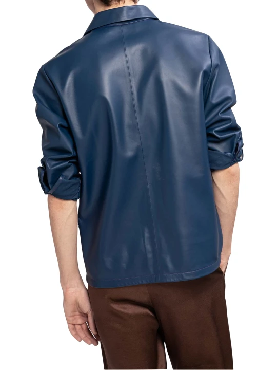 Men Marvellous Style Real Lambskin Blue Leather Shirt