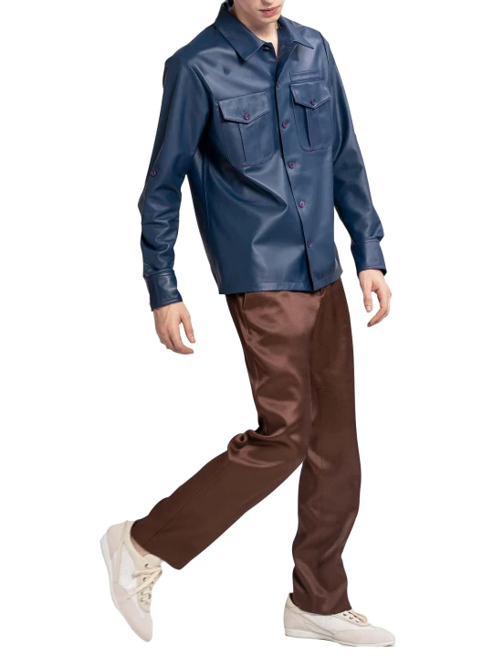 Men Marvellous Style Real Lambskin Blue Leather Shirt
