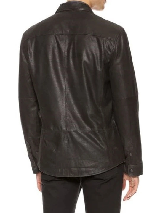 Men Zipper Pocket Real Lambskin Black Leather Shirt