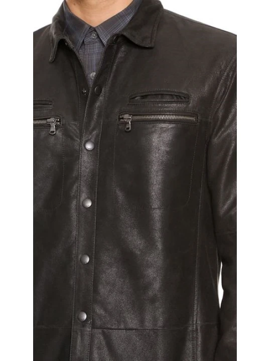 Men Zipper Pocket Real Lambskin Black Leather Shirt
