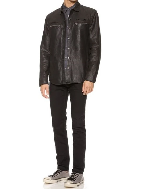 Men Zipper Pocket Real Lambskin Black Leather Shirt