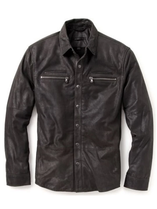 Men Zipper Pocket Real Lambskin Black Leather Shirt