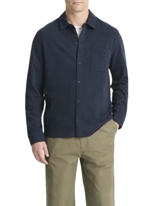 Navy Blue Suede Leather Button Up Shirt