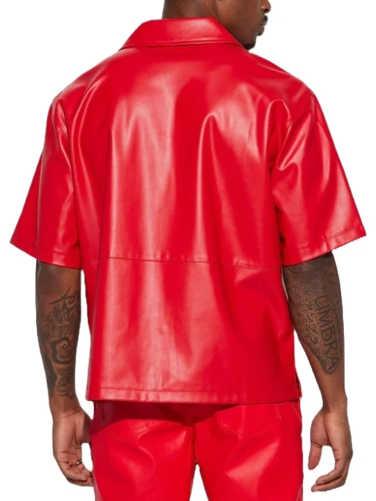 Red Leather Short Sleeve Button Up Shirt Red Leather Short Sleeve Button Up Shirt
