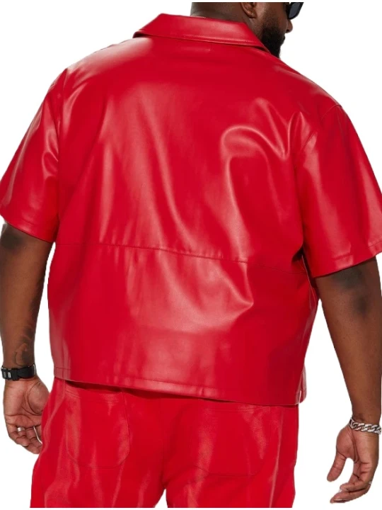 Red Leather Short Sleeve Button Up Shirt Red Leather Short Sleeve Button Up Shirt