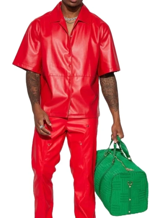 Red Leather Short Sleeve Button Up Shirt Red Leather Short Sleeve Button Up Shirt