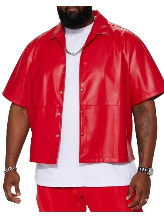 Red Leather Short Sleeve Button Up Shirt Red Leather Short Sleeve Button Up Shirt