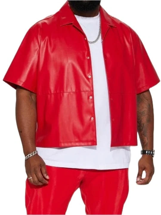 Red Leather Short Sleeve Button Up Shirt Red Leather Short Sleeve Button Up Shirt