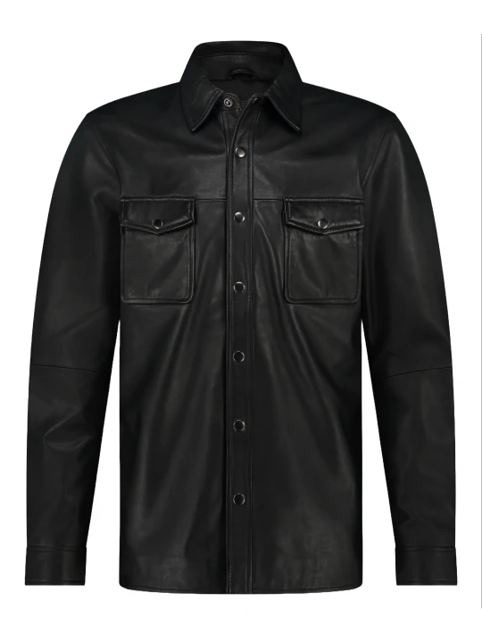 Snap Button Front Black Leather Shirt