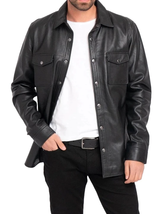 Snap Button Front Black Leather Shirt