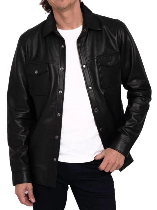 Snap Button Front Black Leather Shirt