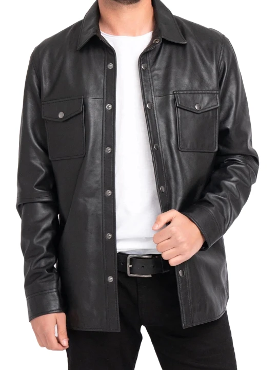 Snap Button Front Black Leather Shirt