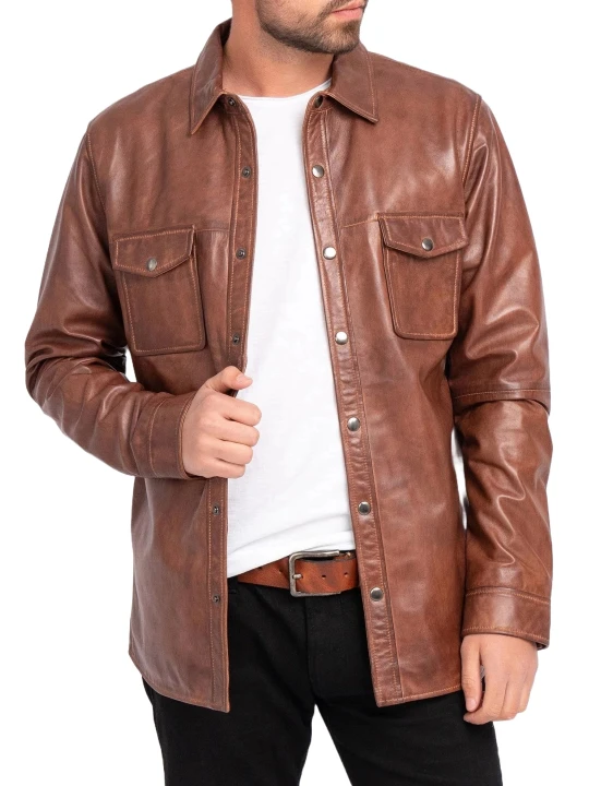 Snap Button Front Brown Leather Shirt