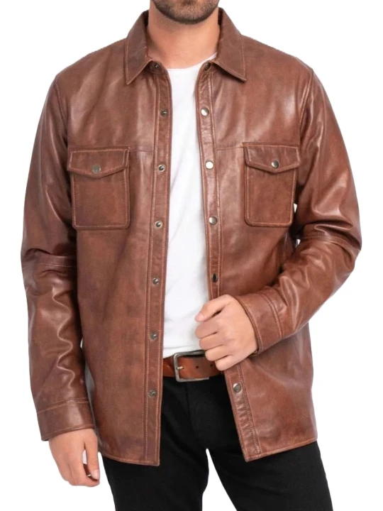 Snap Button Front Brown Leather Shirt