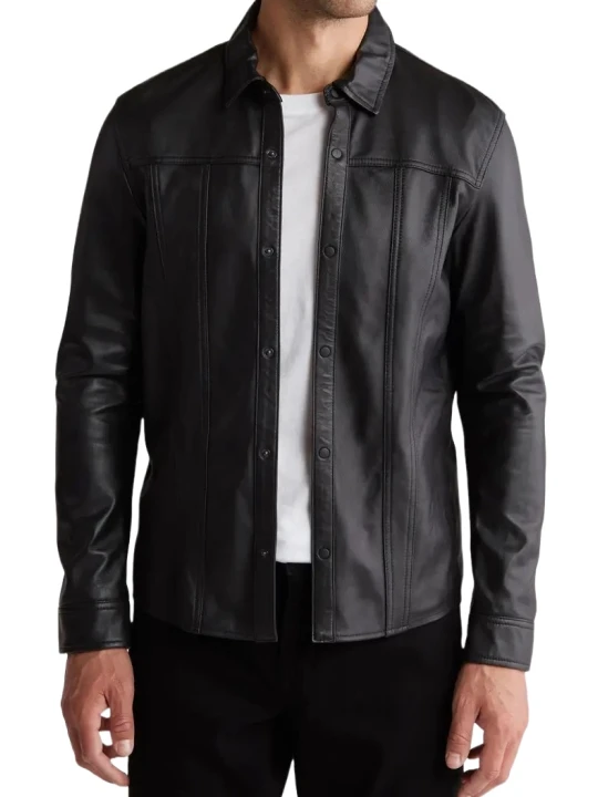 Snap Closure Black Leather Shirt