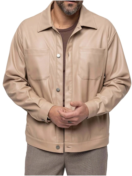 Spread Collar Beige Leather Shirt