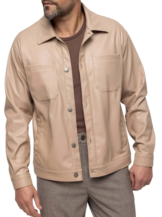 Spread Collar Beige Leather Shirt