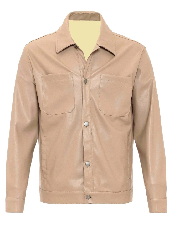 Spread Collar Beige Leather Shirt