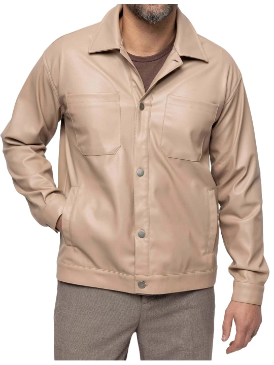 Spread Collar Beige Leather Shirt