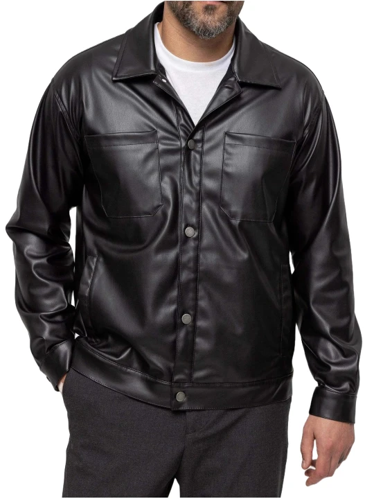 Spread Collar Black Leather Shirt