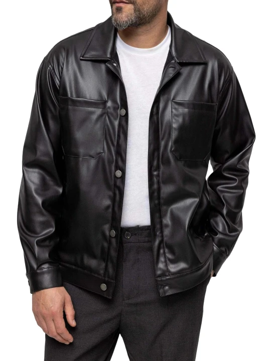 Spread Collar Black Leather Shirt