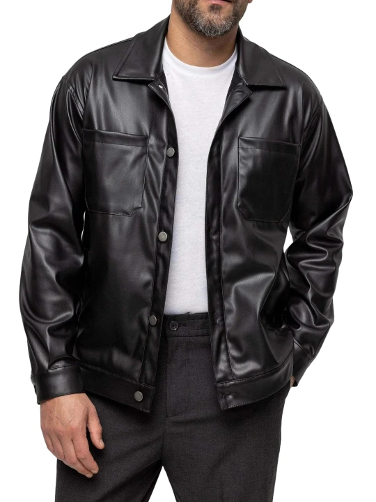 Spread Collar Black Leather Shirt