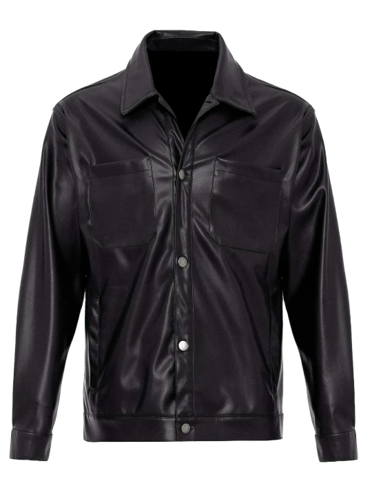 Spread Collar Black Leather Shirt