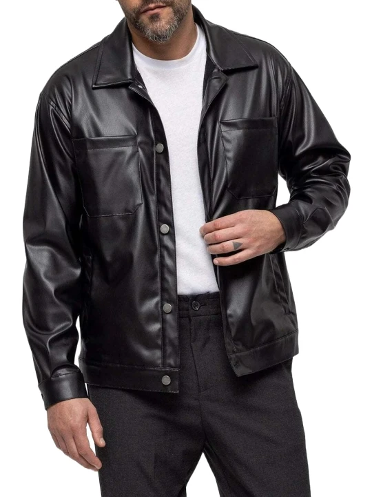 Spread Collar Black Leather Shirt