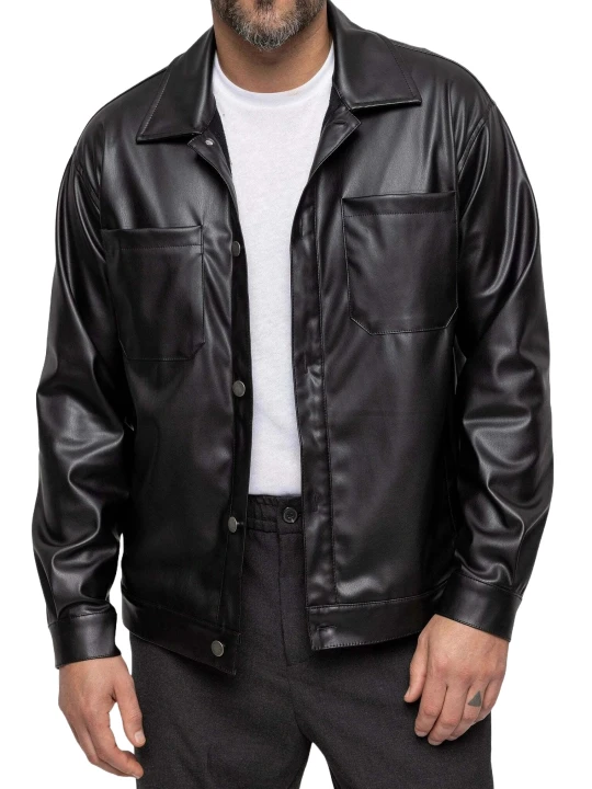 Spread Collar Black Leather Shirt