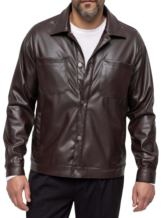 Spread Collar Dark Brown Leather Shirt