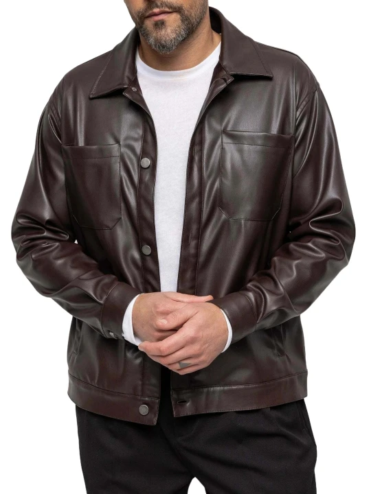 Spread Collar Dark Brown Leather Shirt