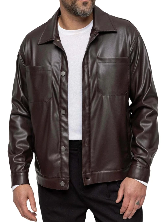 Spread Collar Dark Brown Leather Shirt