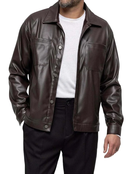 Spread Collar Dark Brown Leather Shirt