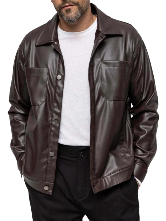 Spread Collar Dark Brown Leather Shirt
