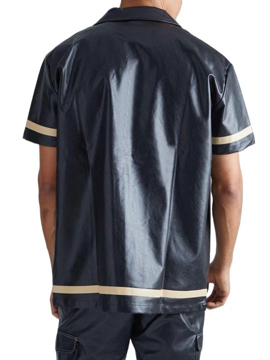 Striped Black Leather Short Sleeve Shirt