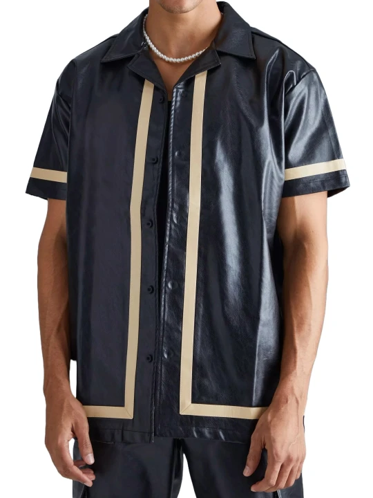 Striped Black Leather Short Sleeve Shirt