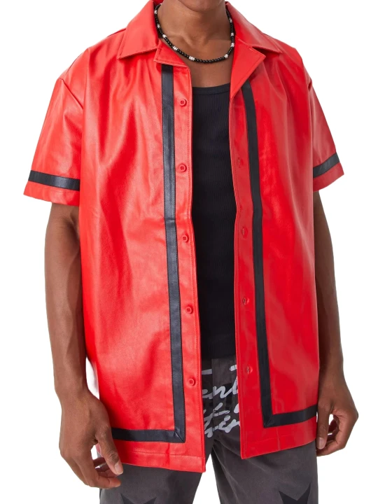 Striped Red Leather Short Sleeve Shirt