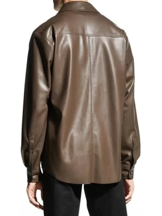 Two Chest Pockets Brown Leather Shirt