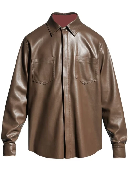 Two Chest Pockets Brown Leather Shirt