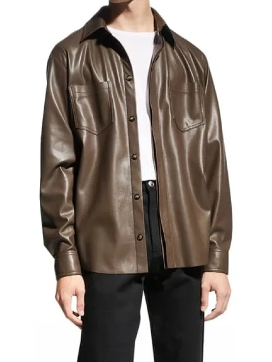 Two Chest Pockets Brown Leather Shirt