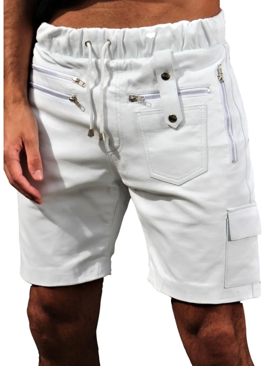 Men Elegant Style Real Lambskin White Leather Cargo Shorts