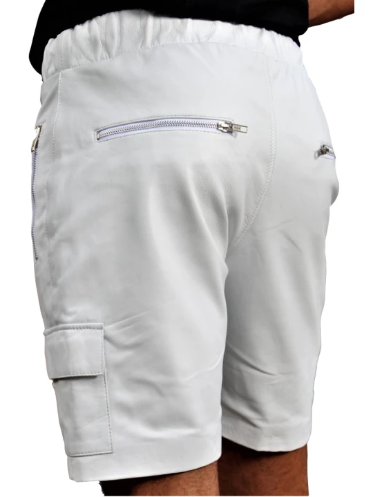 Men Elegant Style Real Lambskin White Leather Cargo Shorts
