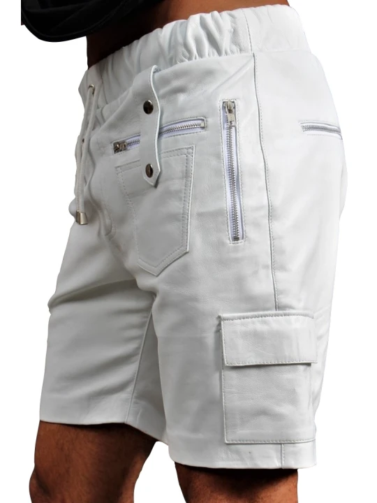Men Elegant Style Real Lambskin White Leather Cargo Shorts