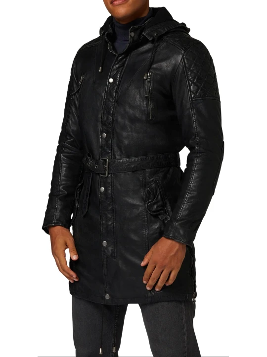 Men Belted Black Leather Coat