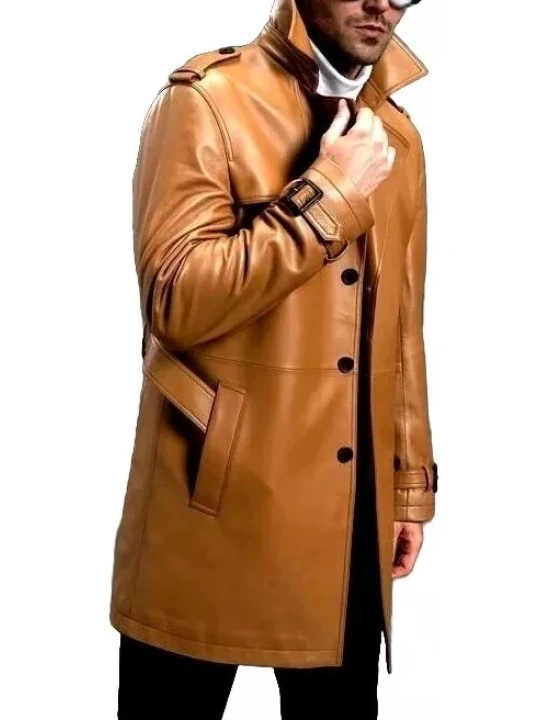 Belted Cognac Leather Car Coat